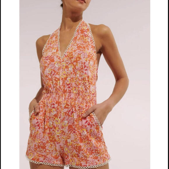 Poupette St Barth Pants - POUPETTE ST. BARTH Beth orange pink floral halter romper